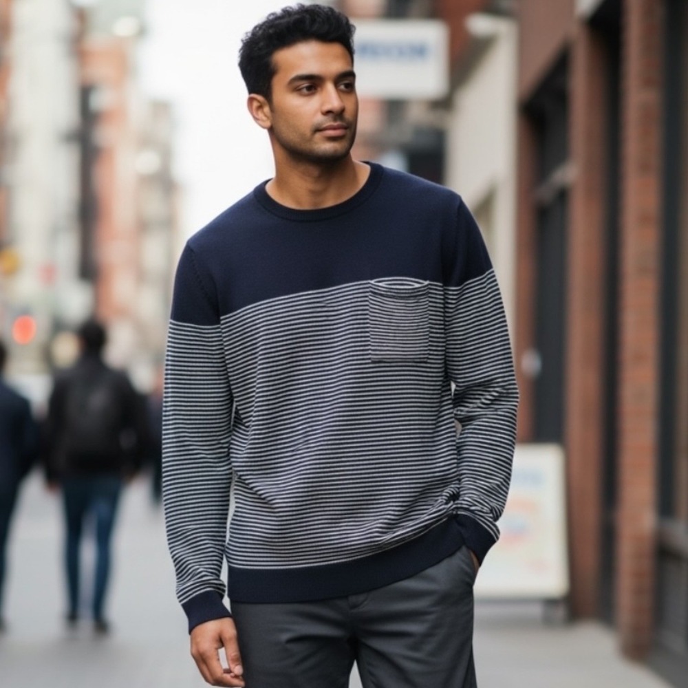 Banana Republic Extra Fine Merino Wool Striped Sweater Navy Blue Men XL #583